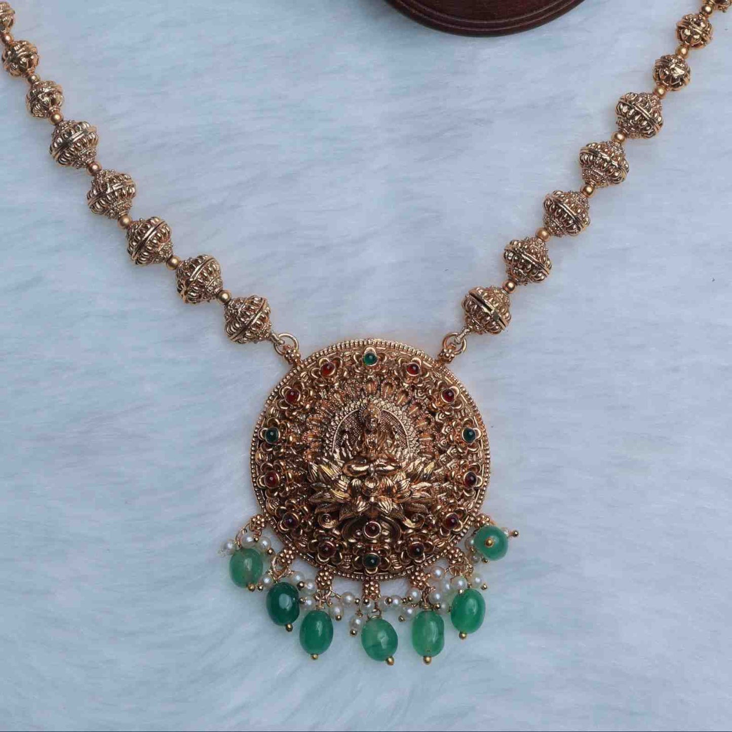 Middle Length Chettinad Haram Matte Finish Lakshmi Pendent with Green Beads H0034-CJ49
