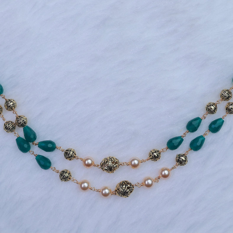 Premium Quality 2 layer Pearl Chain with Green Crystal and Antique Beads Middle Length H0029-CI54