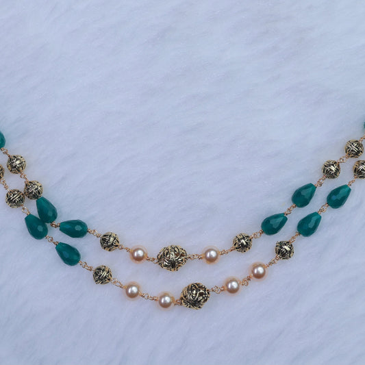 Premium Quality 2 layer Pearl Chain with Green Crystal and Antique Beads Middle Length H0029-CI54