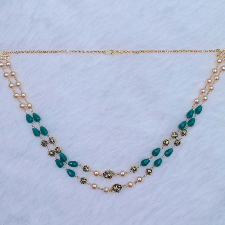 Premium Quality 2 layer Pearl Chain with Green Crystal and Antique Beads Middle Length H0029-CI54
