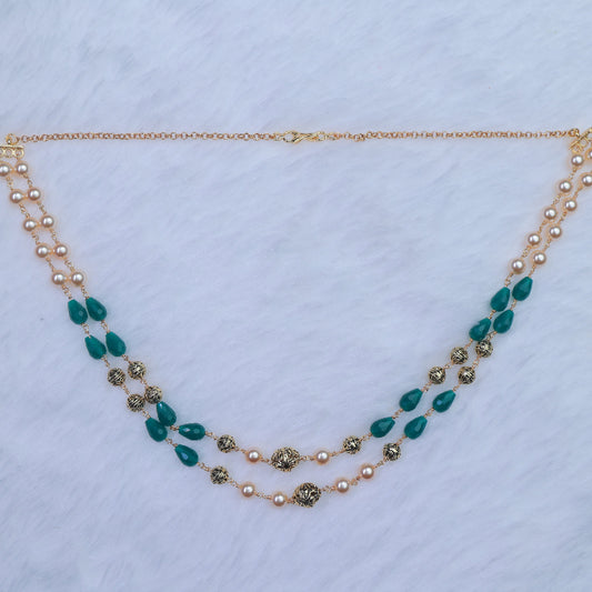 Premium Quality 2 layer Pearl Chain with Green Crystal and Antique Beads Middle Length H0029-CI54