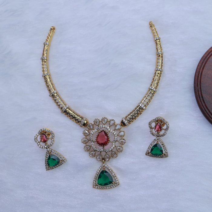 Premium Quality Hasli Necklace With bold Ruby red stone And Emerald Green Color Stone N0095-CI36