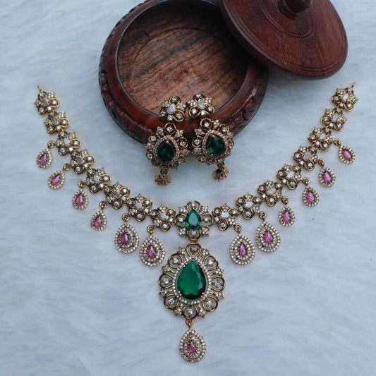 Premium Quality Floral Pattern Emerald color stones And Ruby red American Diamond stones premium necklace N0094-CI109