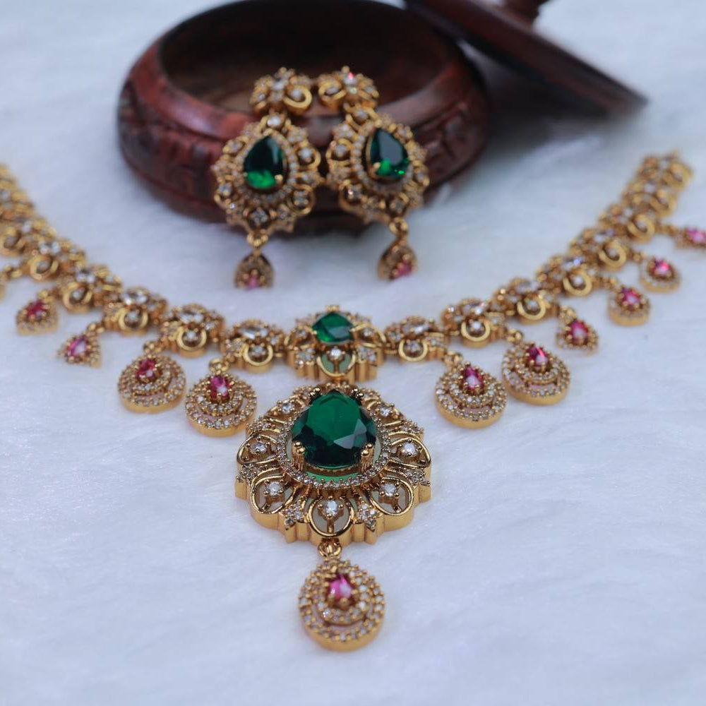 Premium Quality Floral Pattern Emerald color stones And Ruby red American Diamond stones premium necklace N0094-CI109