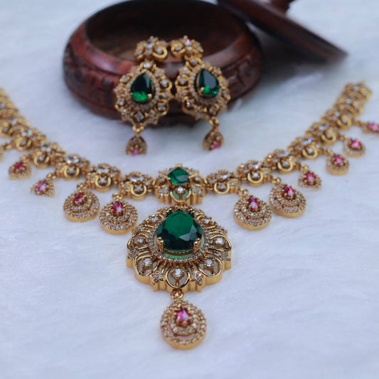 Premium Quality Floral Pattern Emerald color stones And Ruby red American Diamond stones premium necklace N0094-CI109