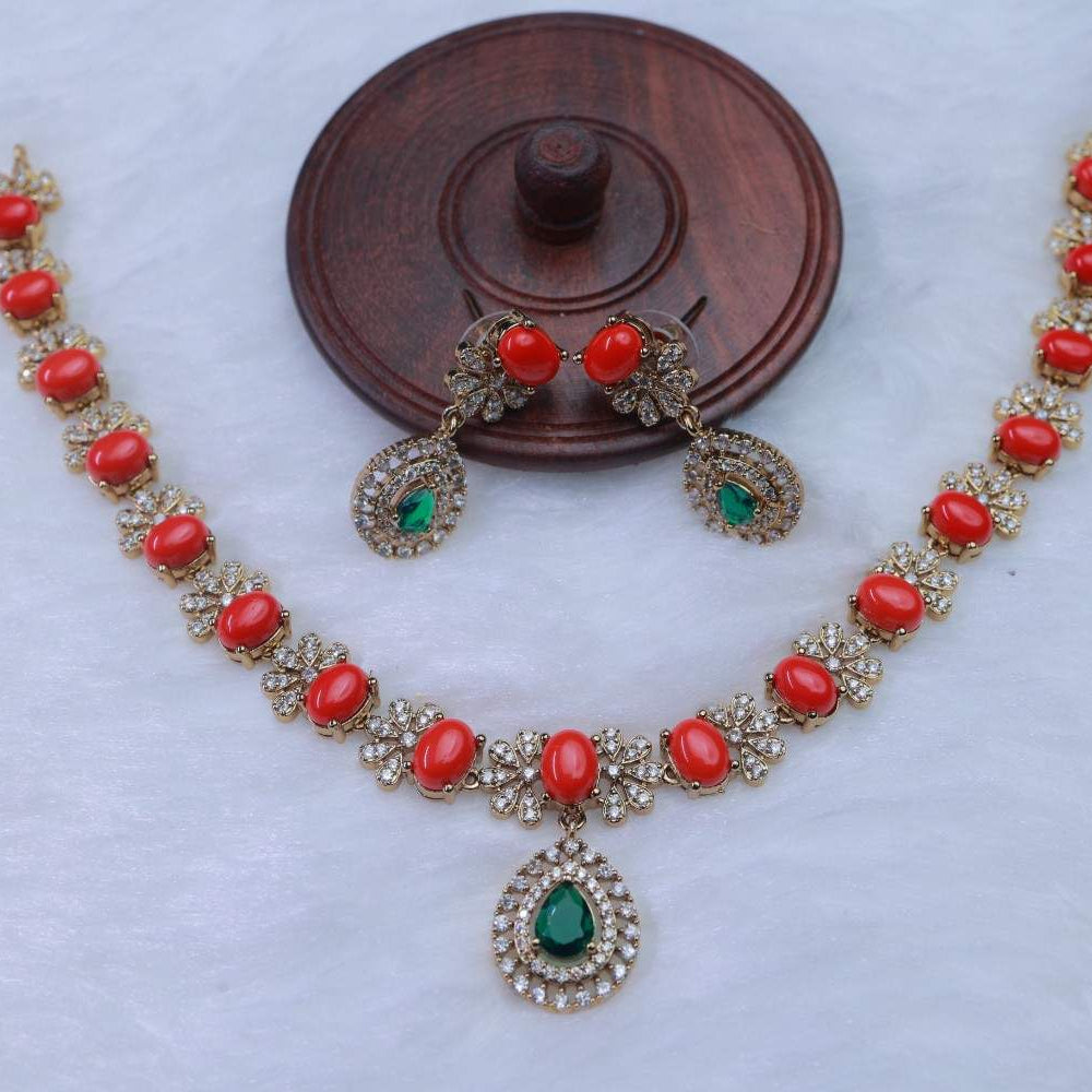 Premium Quality American Diamond Necklace Desgined with Contrast Coral Beads With Emerald Stone N0097-CI50