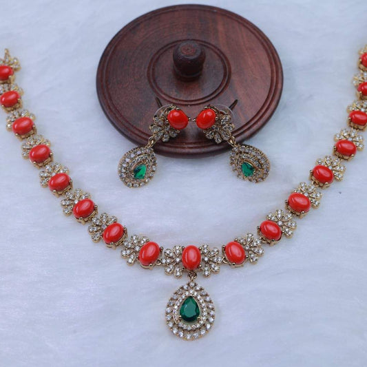 Premium Quality American Diamond Necklace Desgined with Contrast Coral Beads With Emerald Stone N0097-CI50