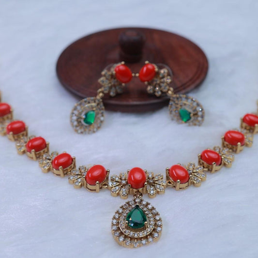 Premium Quality American Diamond Necklace Desgined with Contrast Coral Beads With Emerald Stone N0097-CI50