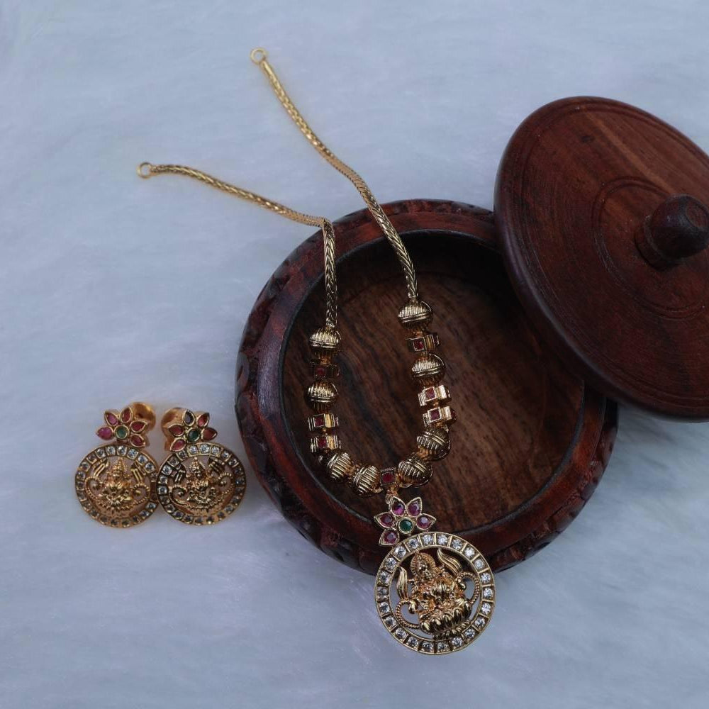 Premium Quality Traditional Lakshmi  Attigai type Necklace with ad Stone paired with Cute Earrings  N0113-CI30