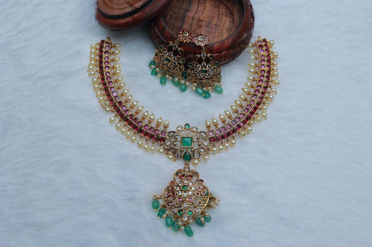 Premium Quality Traditional Kundan Stones  Necklace Highlights with Pearl rows on top and bottom also designed with Emerald Hydro Glass Beads  N0101-CI115