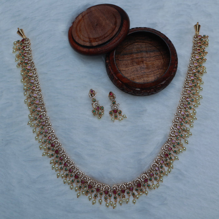 Premium Quality Stone Haram designed with ruby red emerald green stones with pearl hanging H0022-CI77