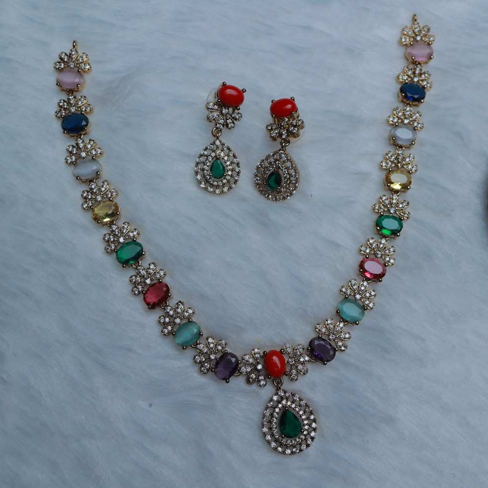 Premium Quality American Diamond Necklace Designed with Navaratnam Stone comes with matching earring N0098-CI48