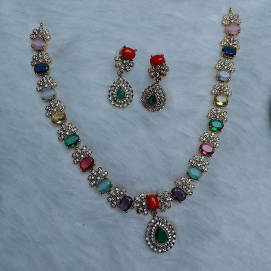 Premium Quality American Diamond Necklace Designed with Navaratnam Stone comes with matching earring N0098-CI48
