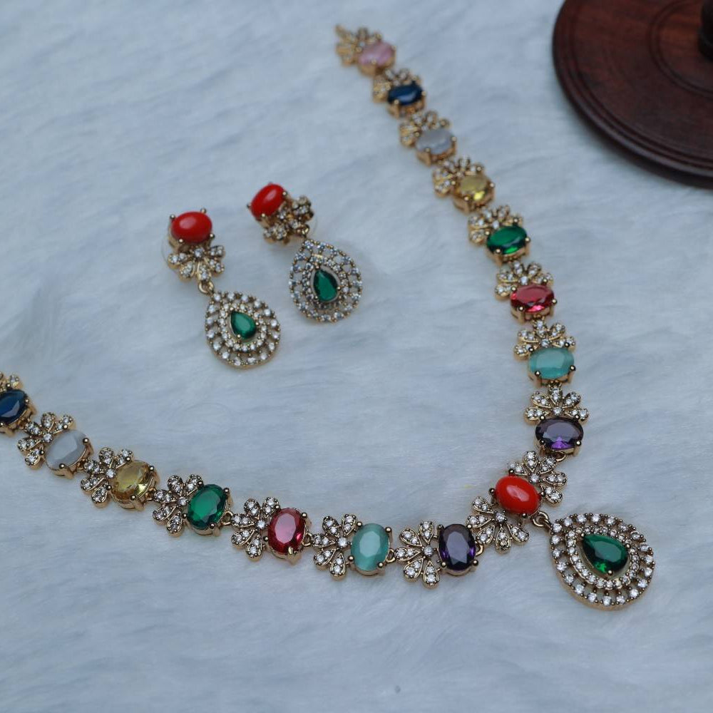 Premium Quality American Diamond Necklace Designed with Navaratnam Stone comes with matching earring N0098-CI48
