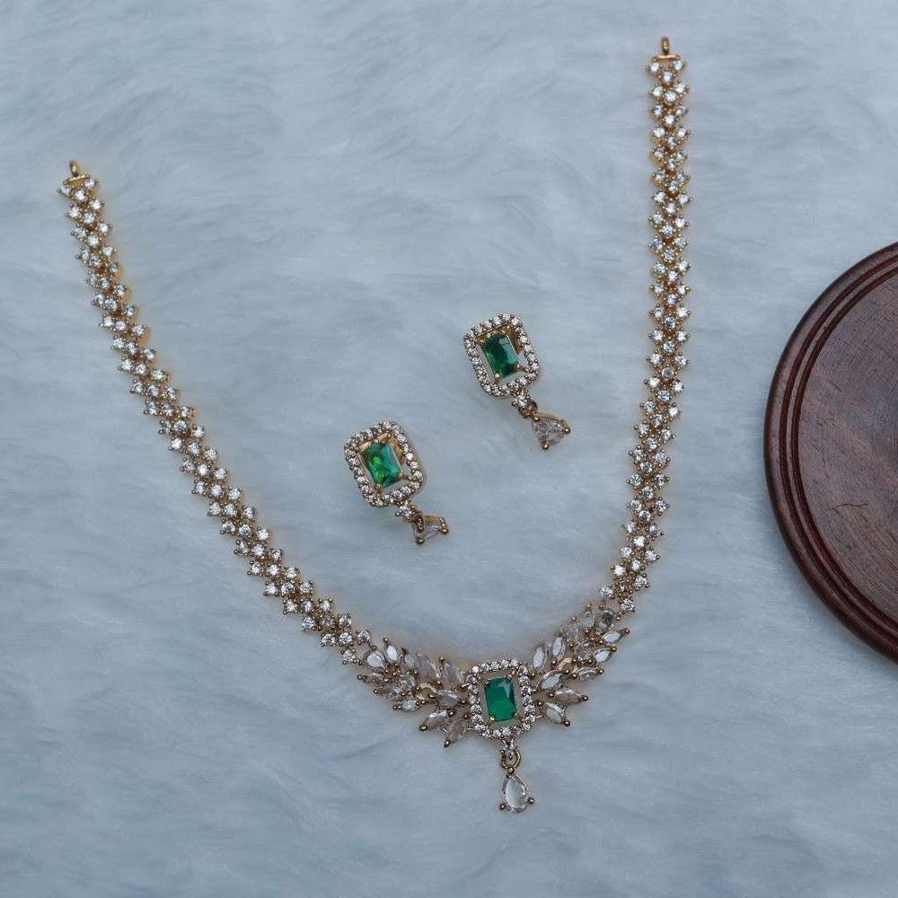 Premium Quality AD Diamonds Stone Necklace With Emerald Green Stone Floral Pattern Necklace N0114-CI38