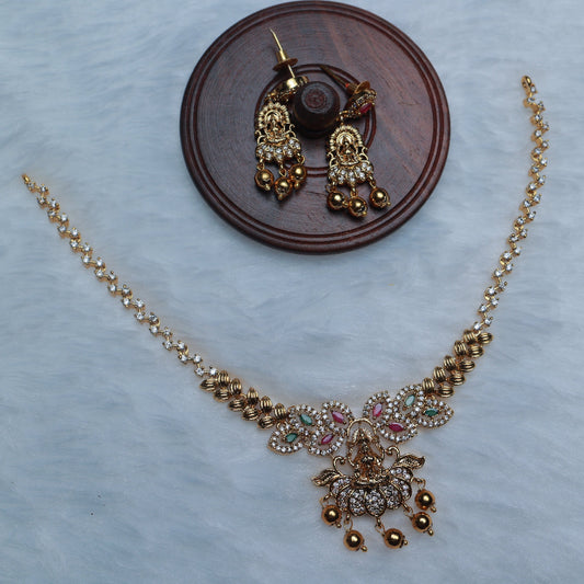 Premium Quality Minimal Lakshmi Necklace Designed with Ad Stone With Golden Beads N0096-CI38