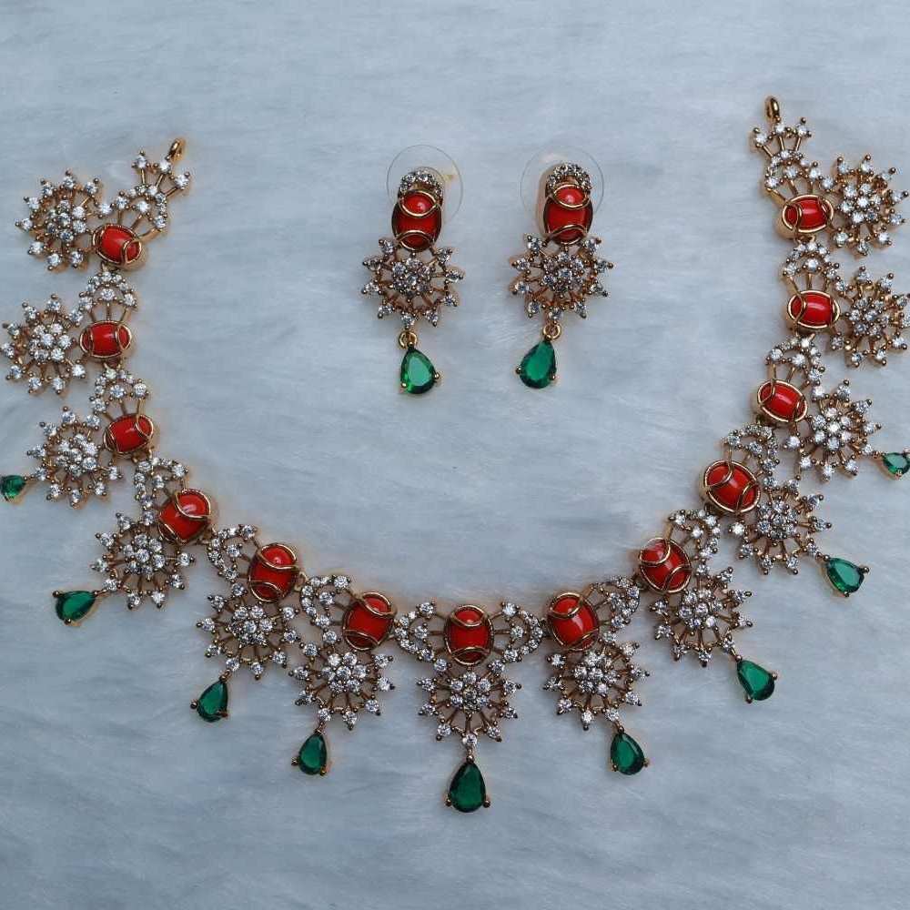 Premium Quality Trendy Coral Bead Necklace Designed with Floral Pattern AD Stones and Emerald green Stones N0108-CI64