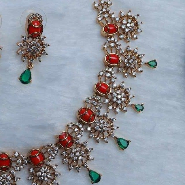 Premium Quality Trendy Coral Bead Necklace Designed with Floral Pattern AD Stones and Emerald green Stones N0108-CI64