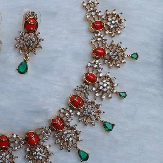 Premium Quality Trendy Coral Bead Necklace Designed with Floral Pattern AD Stones and Emerald green Stones N0108-CI64