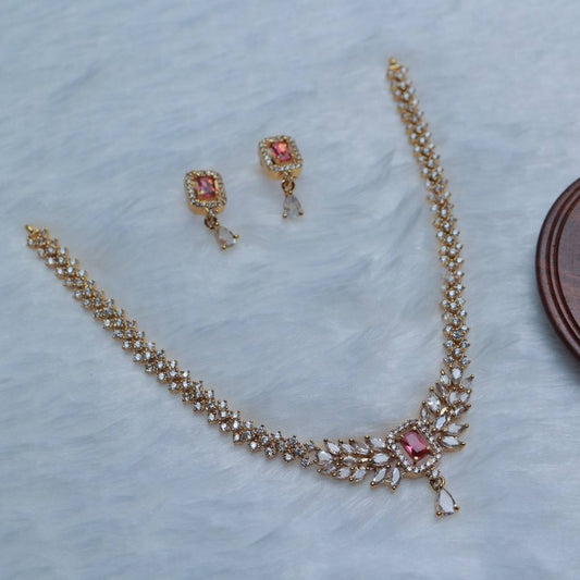 Premium Quality AD Diamonds Stone Necklace With Ruby Green Stone Floral Pattern Necklace N0115-CI38