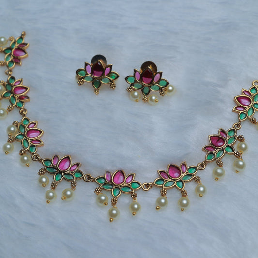 Premium Quality Traditional Look Necklace with Red Green Pota Stone with Pearl Lotus Necklace N0104-CI51