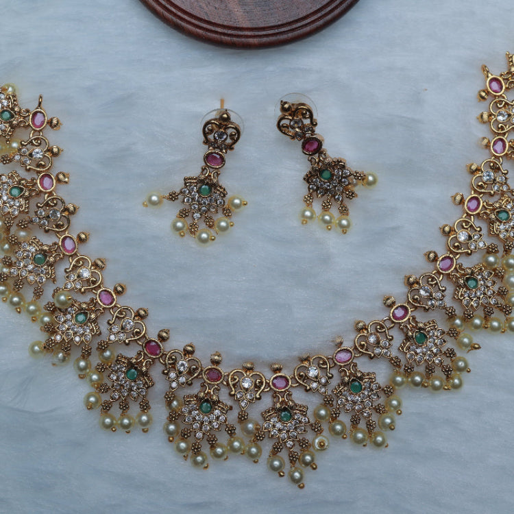 Premium Quality Peacock Floral Pattern Necklace with ruby red emerald green AD White Stone N0058-CI51