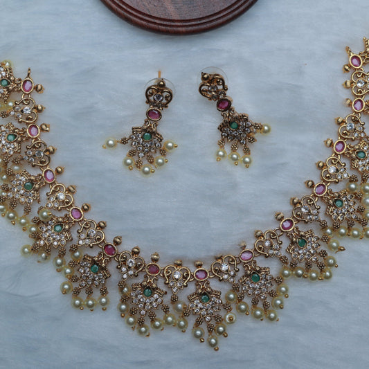 Premium Quality Peacock Floral Pattern Necklace with ruby red emerald green AD White Stone N0058-CI51