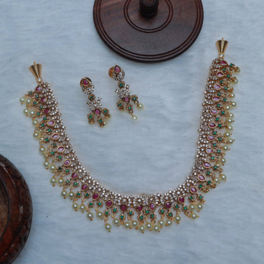 Premium Quality Stone Necklace designed with ruby red emerald green stones with pearl hanging N0100-CI49