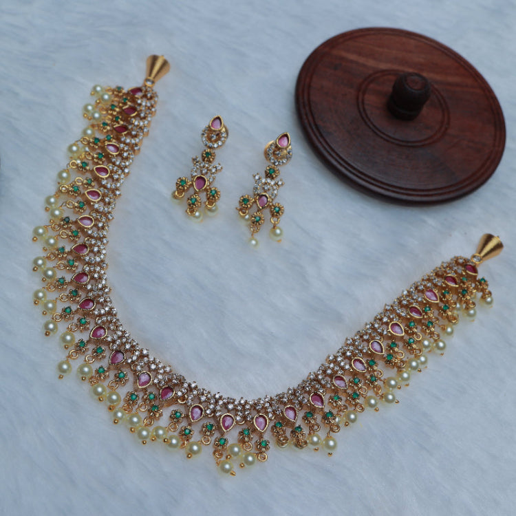 Premium Quality Stone Necklace designed with ruby red emerald green stones with pearl hanging N0100-CI49