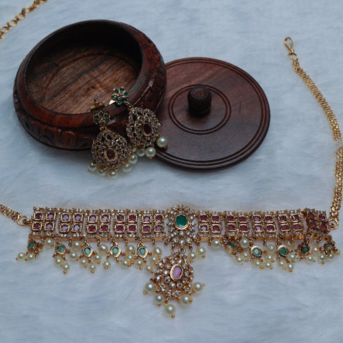 Premium Quality Ruby Emerald Color Floral Pattern Stone Chocker Set with Matching earrings N0169-CI79