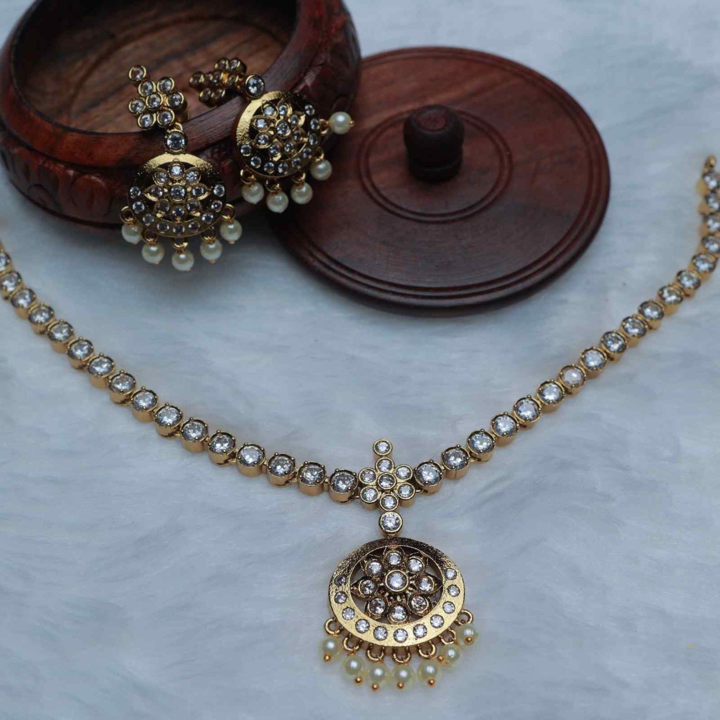 Premium Micro plated Traditional 80's Model Attigai Type Necklace designed with AD White Stones N0119-CI55