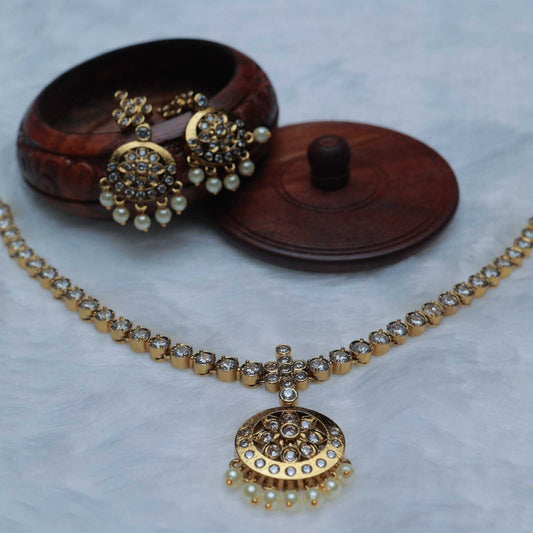 Premium Micro plated Traditional 80's Model Attigai Type Necklace designed with AD White Stones N0119-CI55
