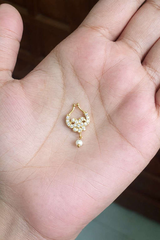 J0118 Peacock Pattern White Stone with a Pearl nose septum Ring