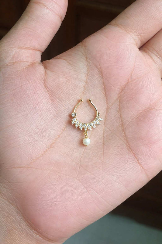 J0117 White AD Stone with a Pearl nose septum Ring