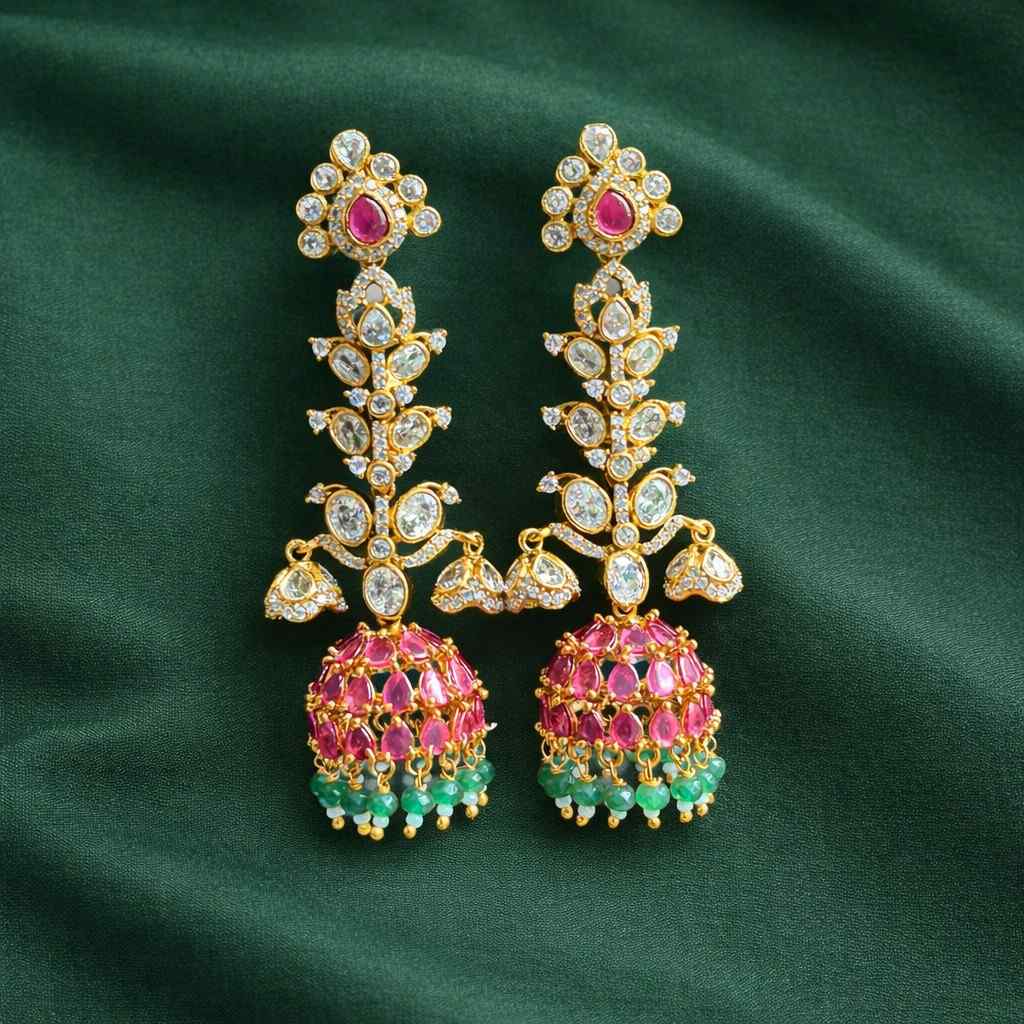 Premium Quality Floral Jhumka desgined With Ruby color kemp stones AD Stones Polka Diamonds with green crystal hanging J0057-NJ63