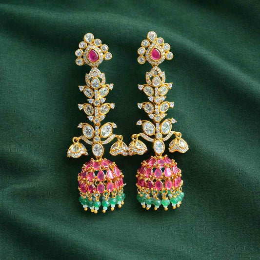 Premium Quality Floral Jhumka desgined With Ruby color kemp stones AD Stones Polka Diamonds with green crystal hanging J0057-NJ63