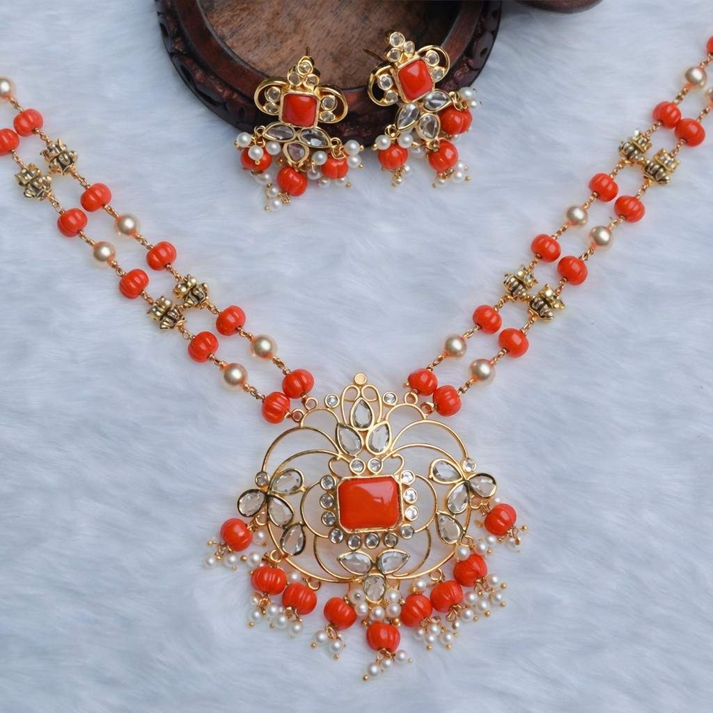 Premium Quality Coral Bead Haram with Pearls And Antique Gold Beads Pendent  H0032-CI98