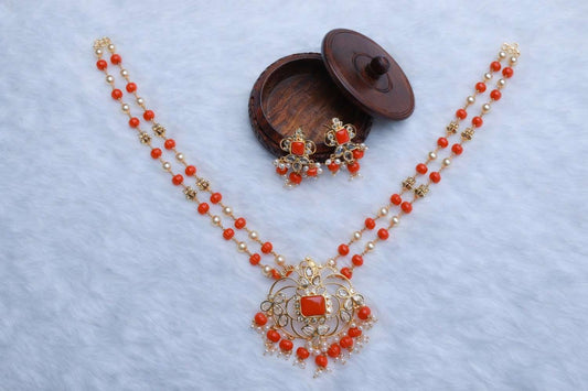 Premium Quality Coral Bead Haram with Pearls And Antique Gold Beads Pendent  H0032-CI98