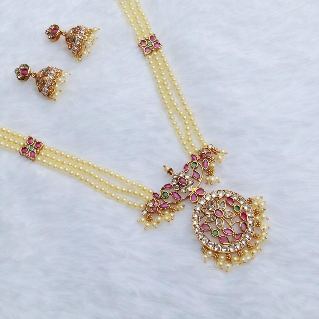 Premium Quality Floral Pattern Peral Haram with Ruby And Emerald Stone Pendent with Matching Jhumka H0033-CJ83