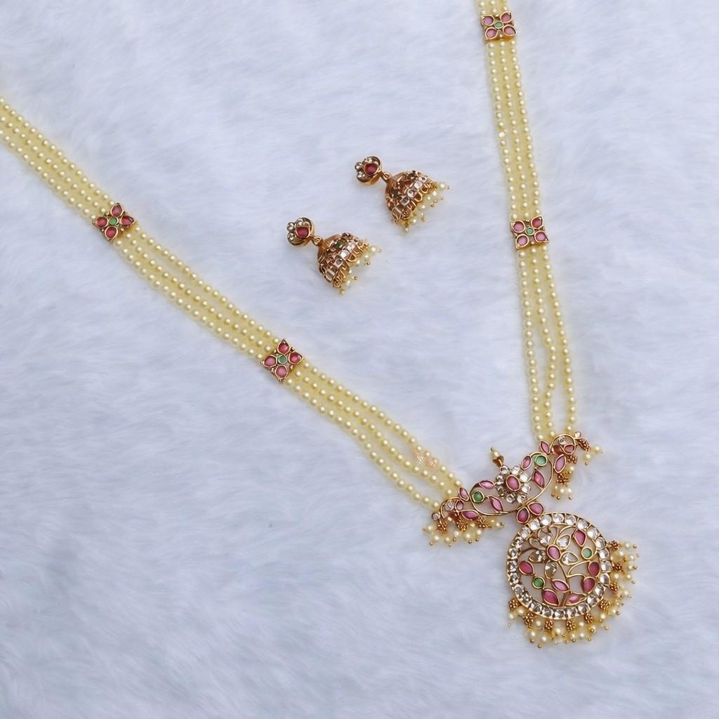 Premium Quality Floral Pattern Peral Haram with Ruby And Emerald Stone Pendent with Matching Jhumka H0033-CJ83
