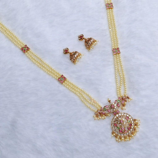 Premium Quality Floral Pattern Peral Haram with Ruby And Emerald Stone Pendent with Matching Jhumka H0033-CJ83