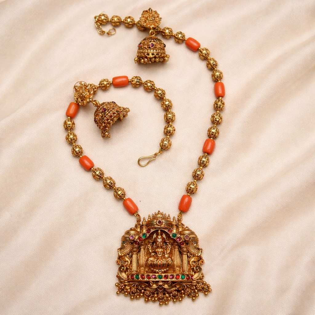 Matte Finish Premium Look Chettinad Design Ball Chain Lakshmi Middle Length Haram with Coral Orange Beads H0012-CT70