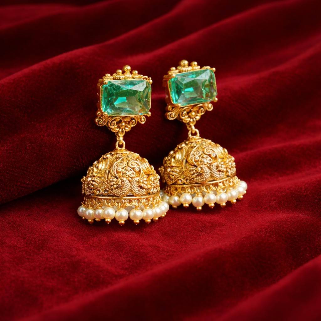 Premium Quality Floral  Antique Jhumka designed With Big Emerald Green Stone with Pearl hanging J0058-CV38
