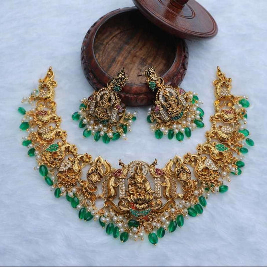 Premium Quality Necklace Designs with Krishna Sitting on lotus surrounded by Peacock Temple Collection N0050-CI85