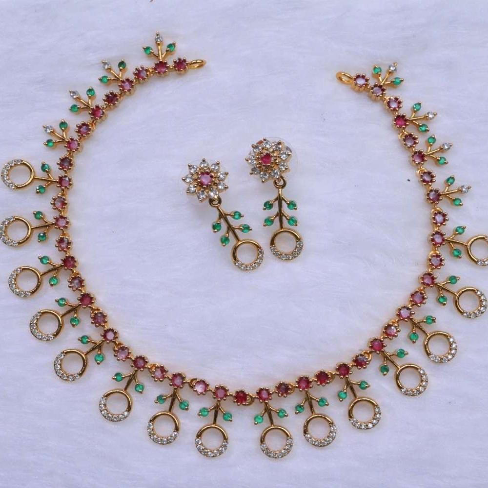 Premium Quality Floral Stone Necklace With earrings designed with Ruby Red Emerald Green Ad White Stones N0137-NI36