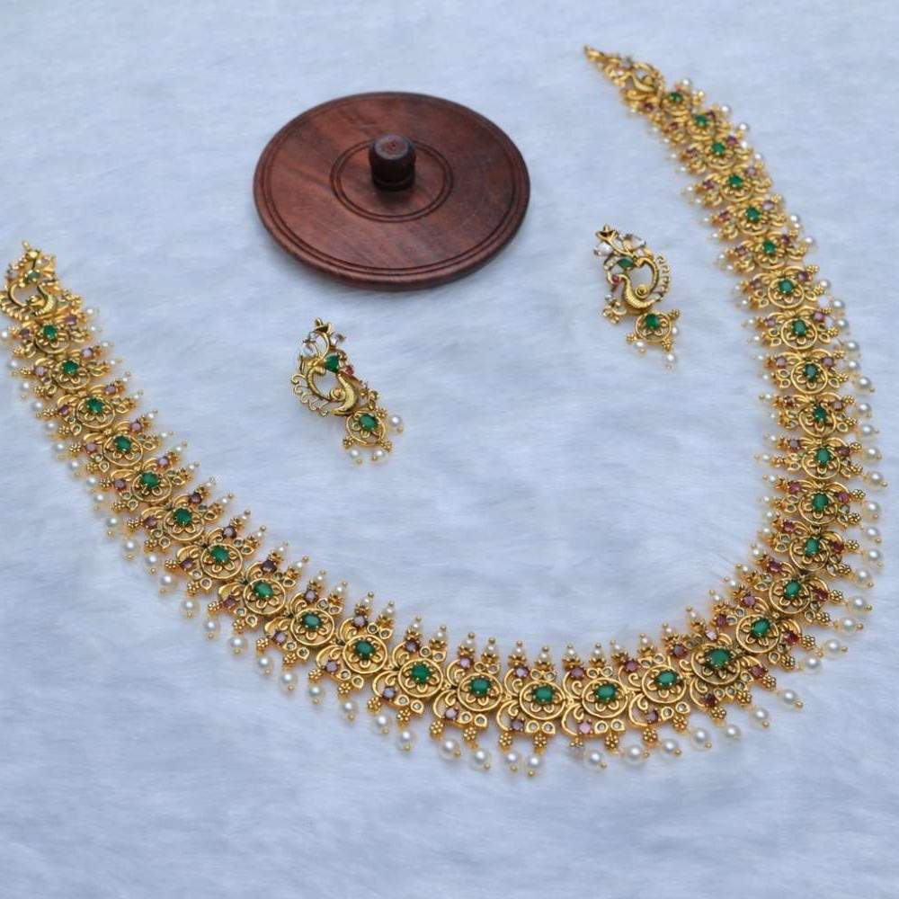 Premium Quality Floral Pattern designed with Emerald Green Ruby Red Pearl Haram with matching earring H0037-CI98