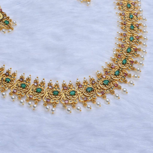 Premium Quality Floral Pattern designed with Emerald Green Ruby Red Pearl Haram with matching earring H0037-CI98