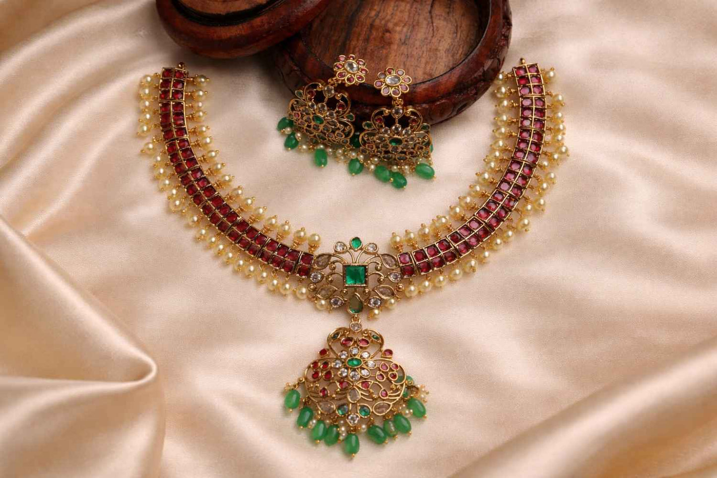 Premium Quality Traditional Kundan Stones  Necklace Highlights with Pearl rows on top and bottom also designed with Emerald Hydro Glass Beads  N0101-CI115