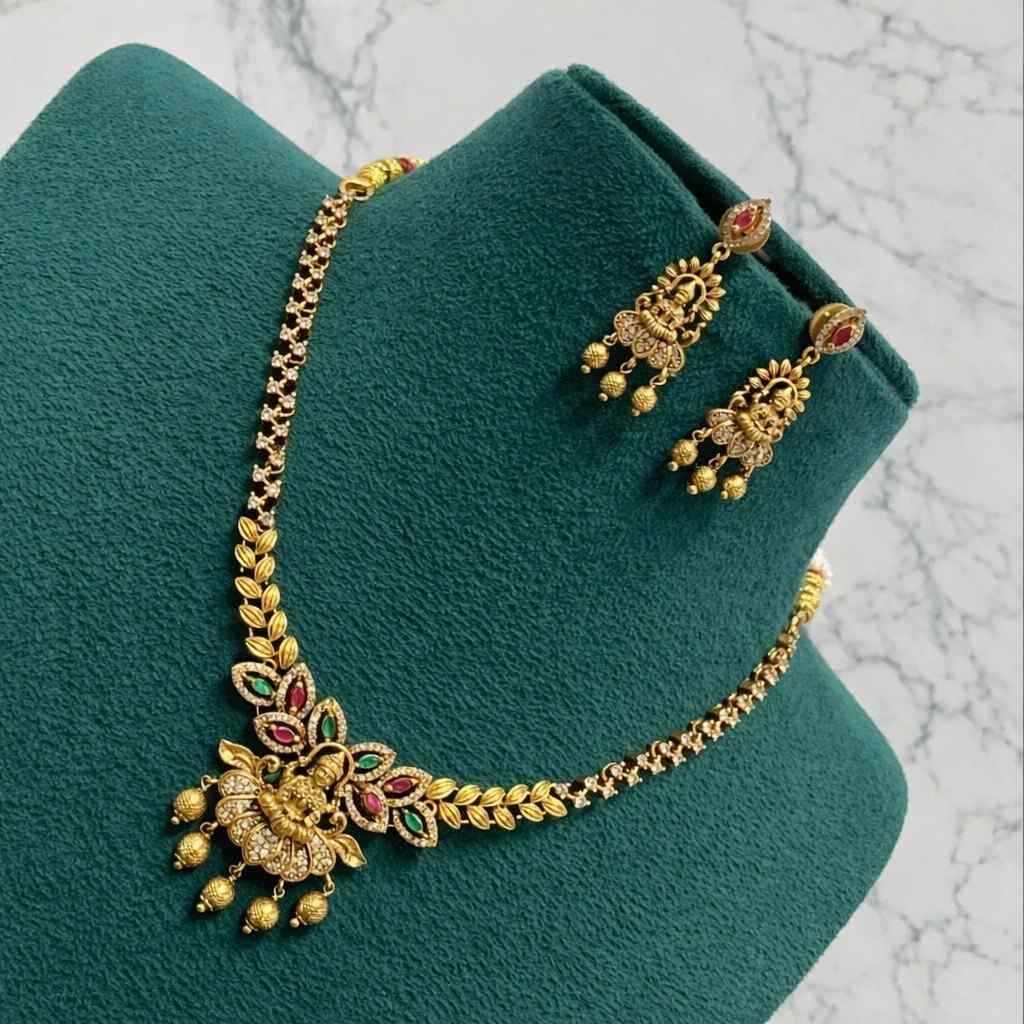 Premium Quality Minimal Lakshmi Necklace Designed with Ad Stone With Golden Beads N0096-CI38