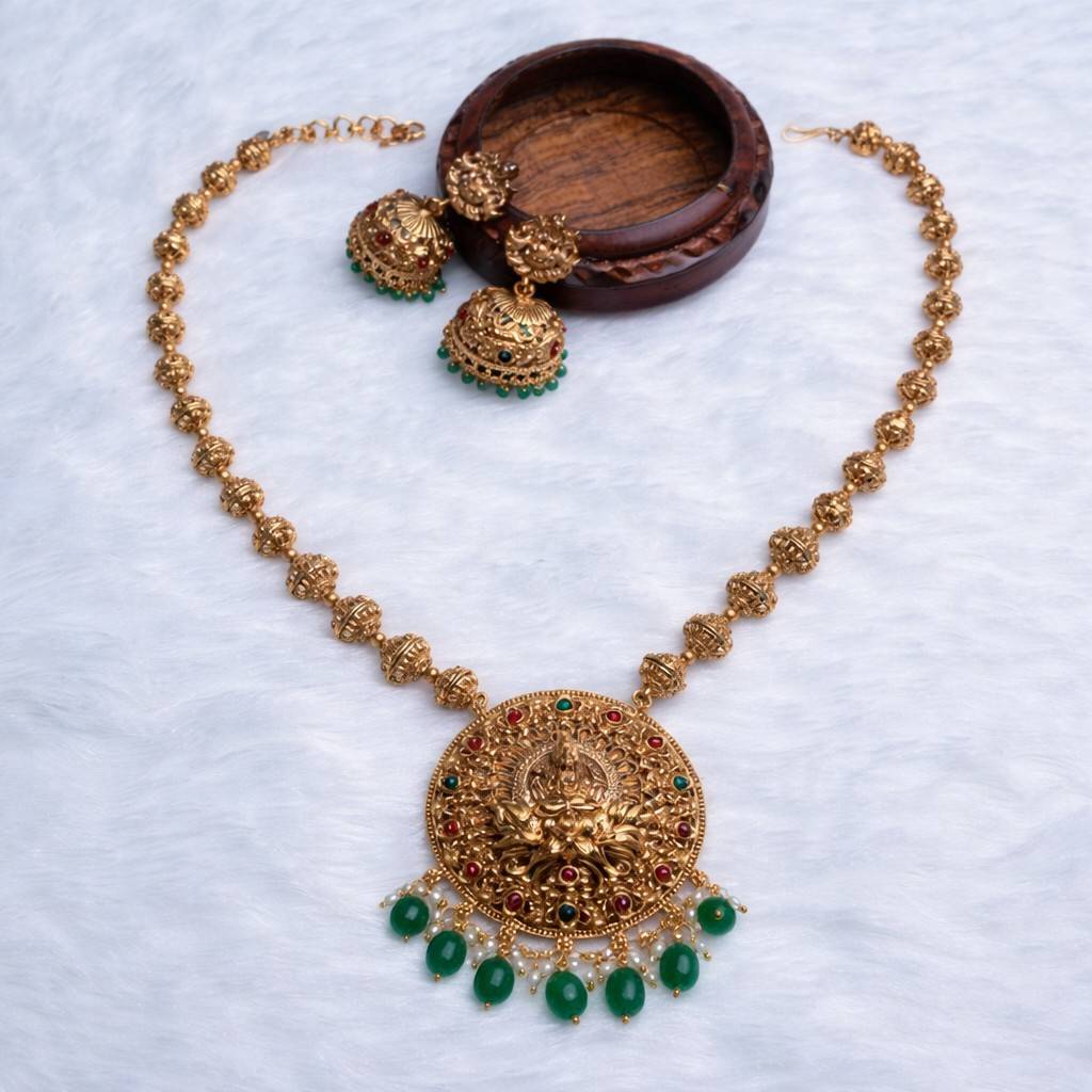 Middle Length Chettinad Haram Matte Finish Lakshmi Pendent with Green Beads H0034-CJ49